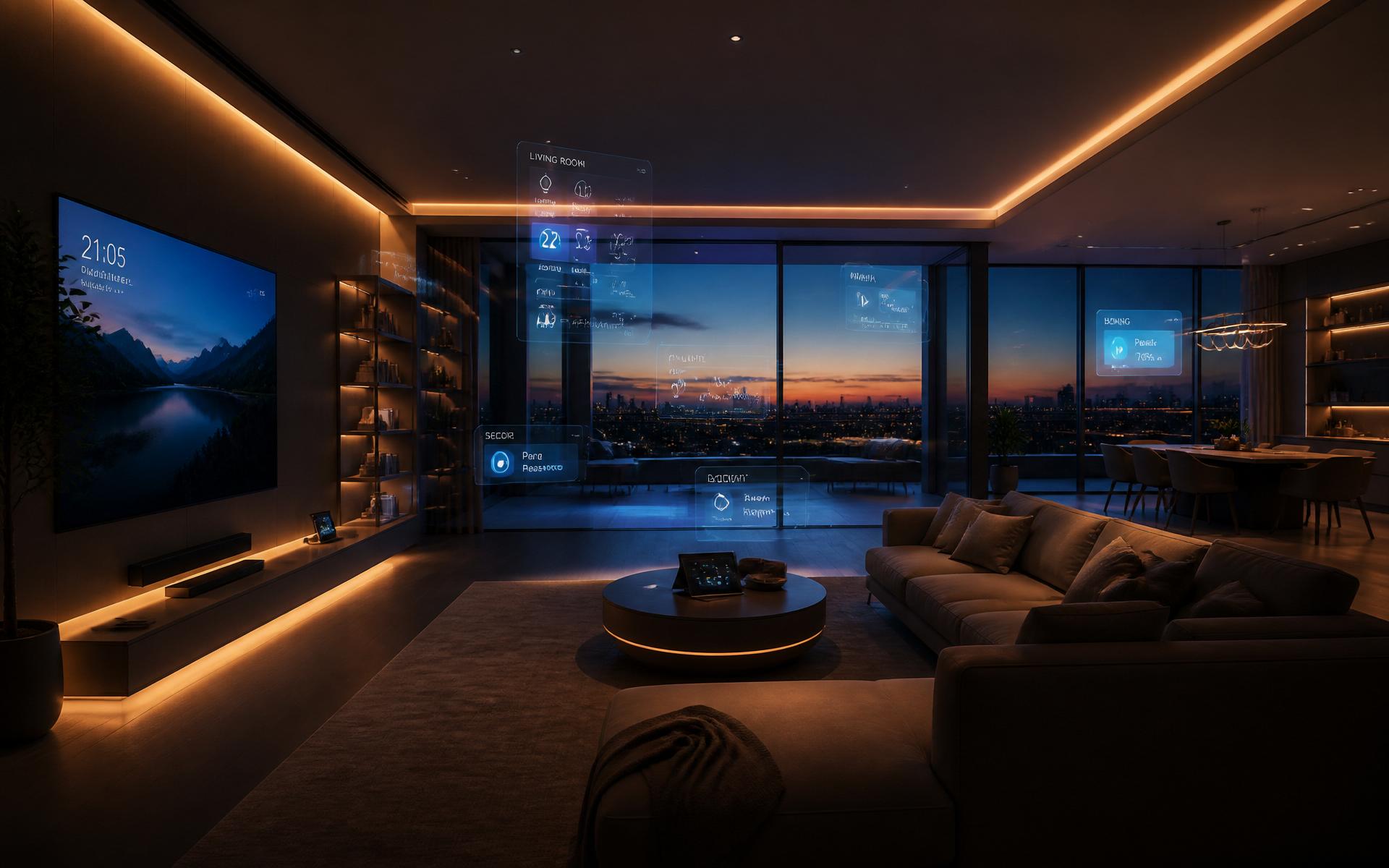 Futuristic smart home living room at dusk